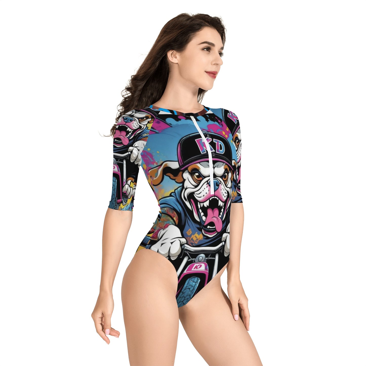 "KD Rollin" Womens One Piece Zip Front Half Sleeve Swimsuit
