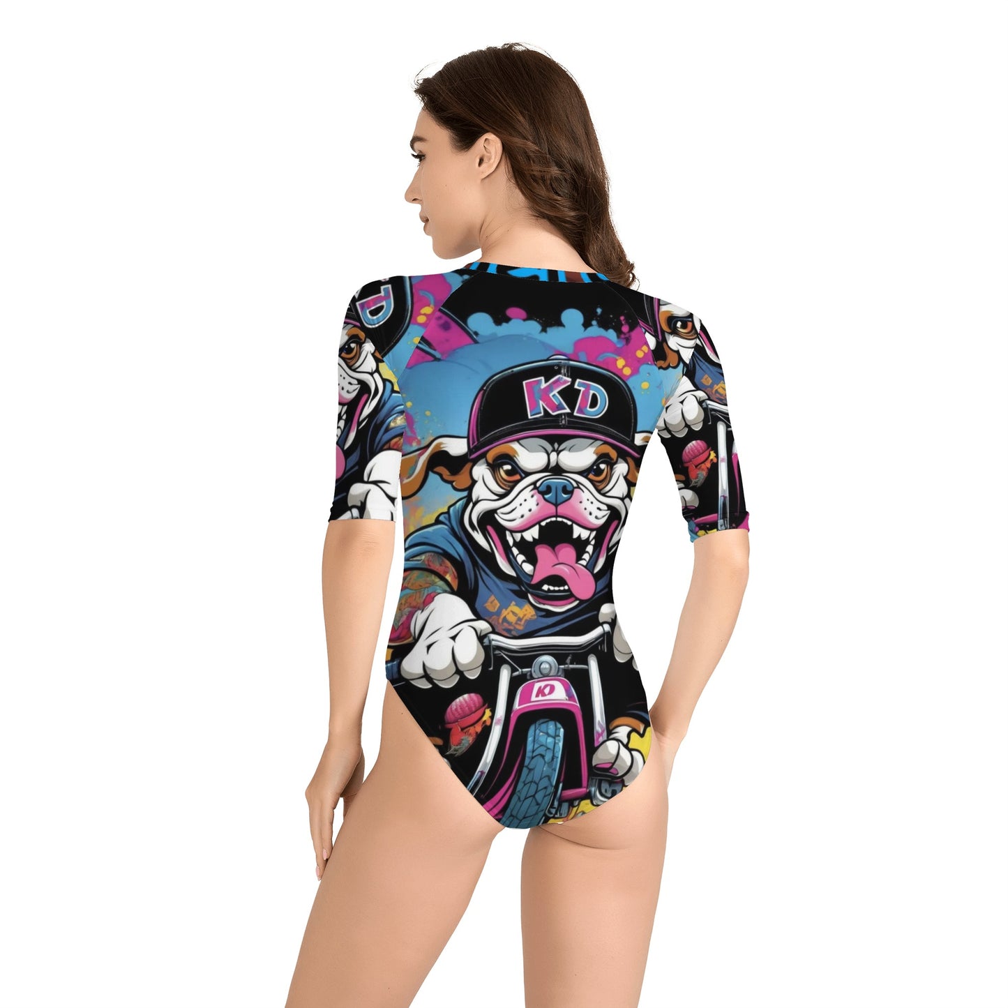 "KD Rollin" Womens One Piece Zip Front Half Sleeve Swimsuit