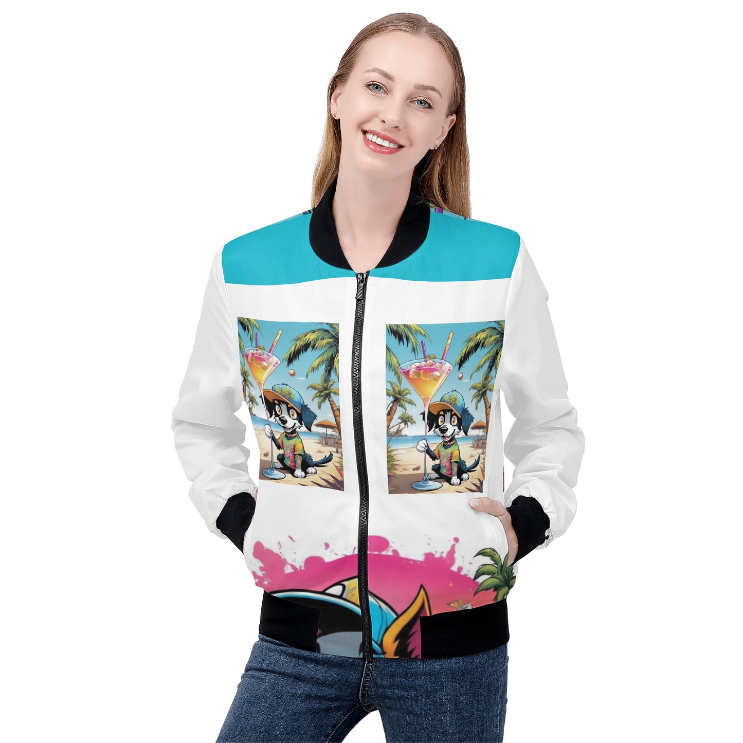 "KD The Surf Dog" Unisex Zip Up Print Bomber Jacket