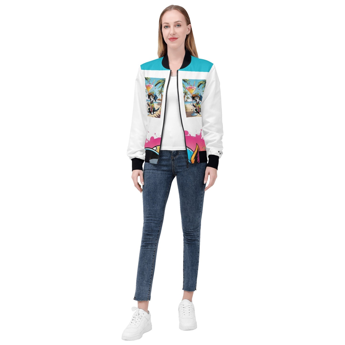 "KD The Surf Dog" Unisex Zip Up Print Bomber Jacket
