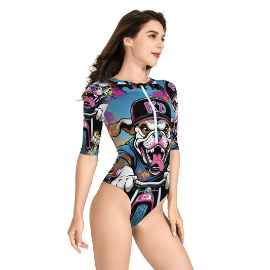 "KD Rollin" Womens One Piece Zip Front Half Sleeve Swimsuit