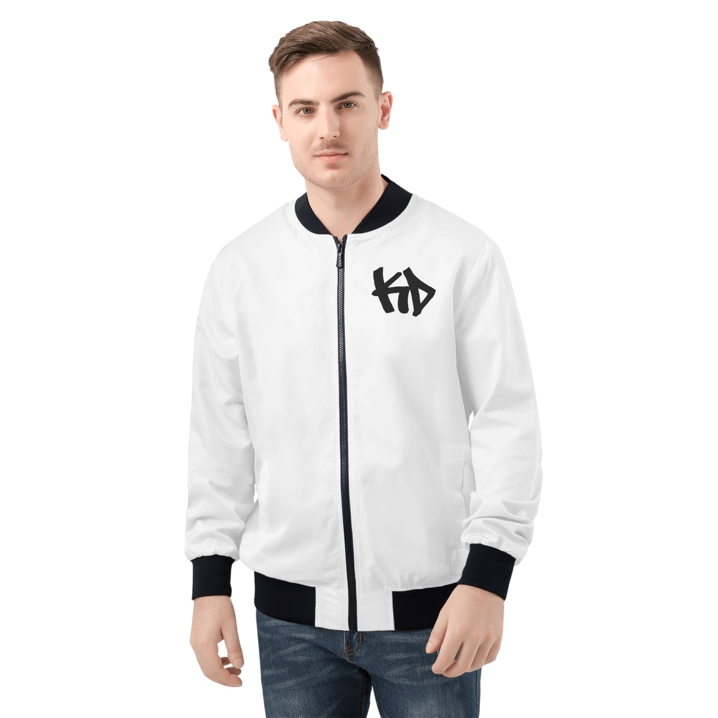 KD White & Black Mens All Over Print Zip Bomber Jacket