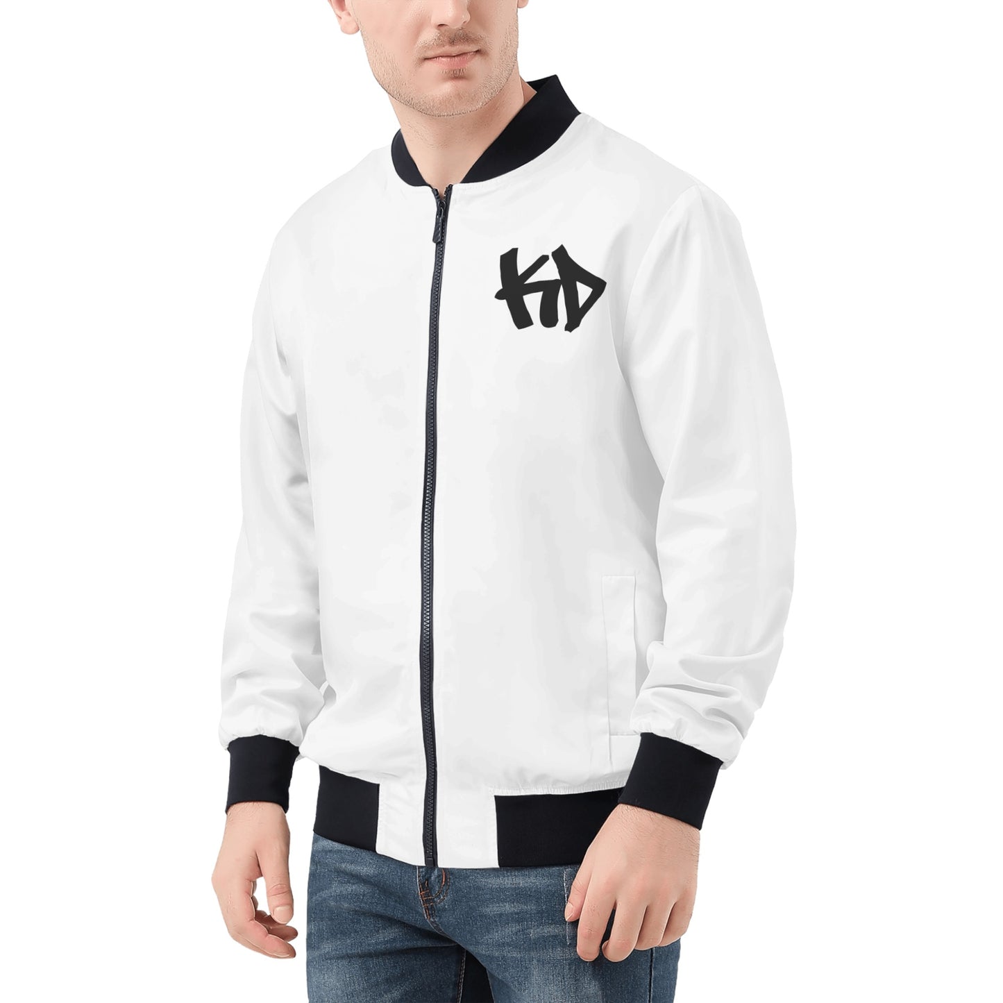 KD White & Black Mens All Over Print Zip Bomber Jacket