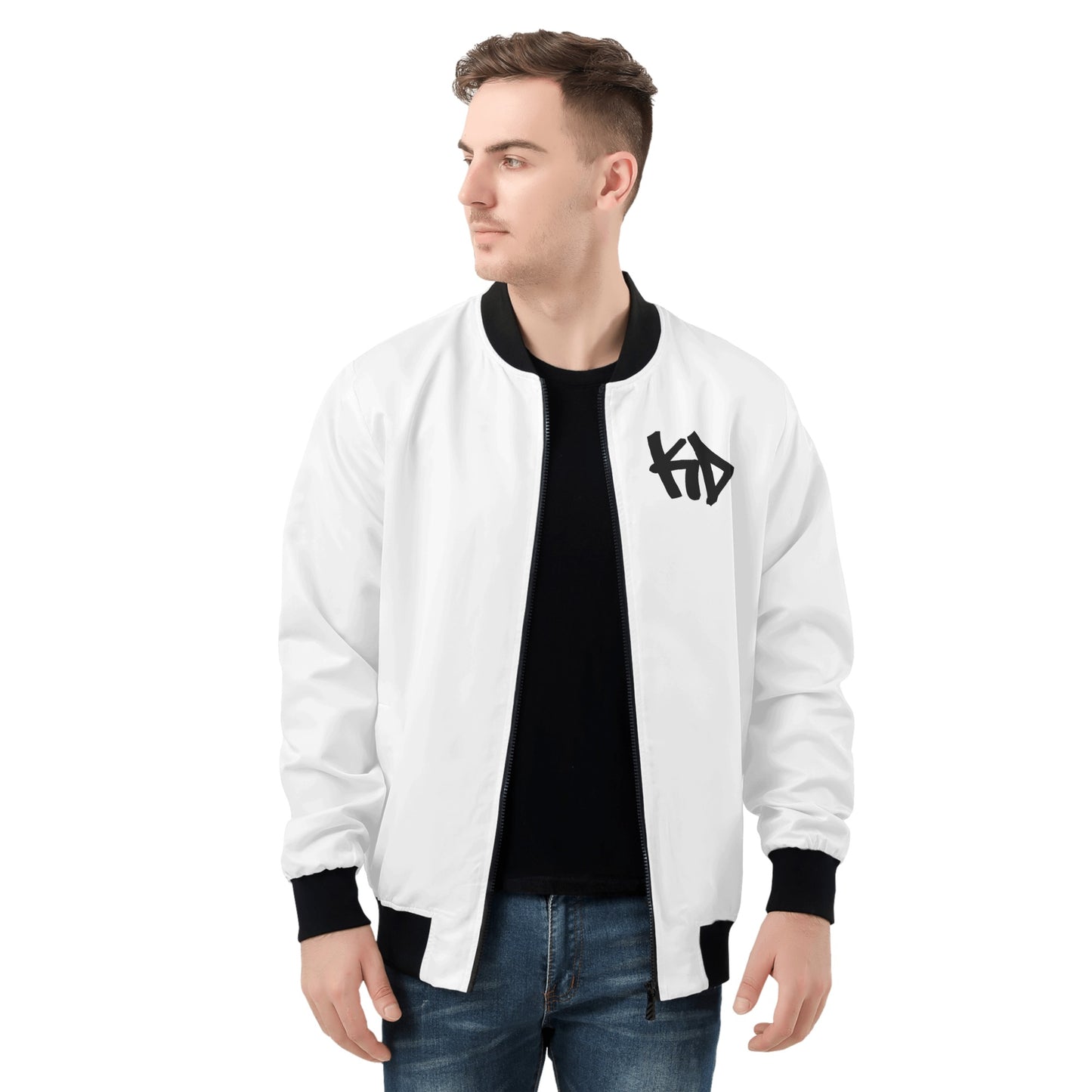 KD White & Black Mens All Over Print Zip Bomber Jacket