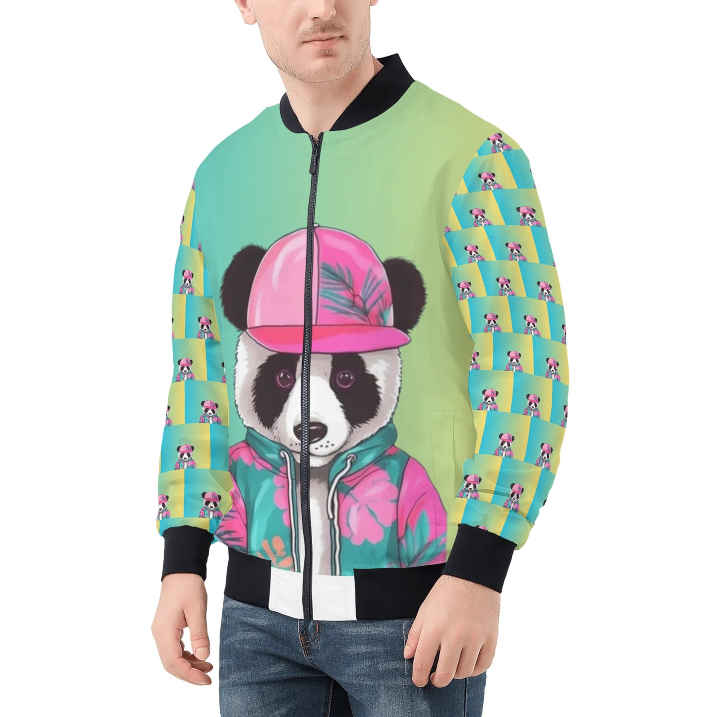 Panda Pauly Mens All Over Print Zip Bomber Jacket