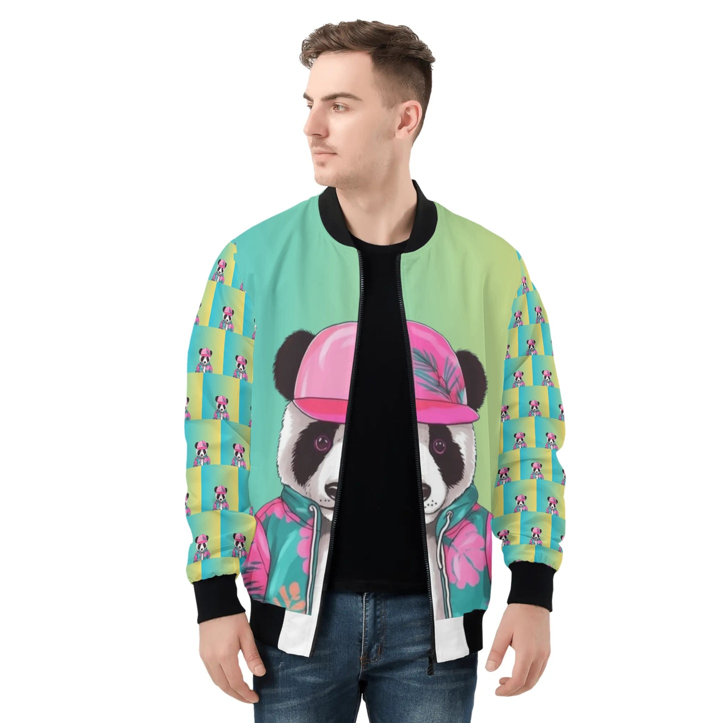 Panda Pauly Mens All Over Print Zip Bomber Jacket