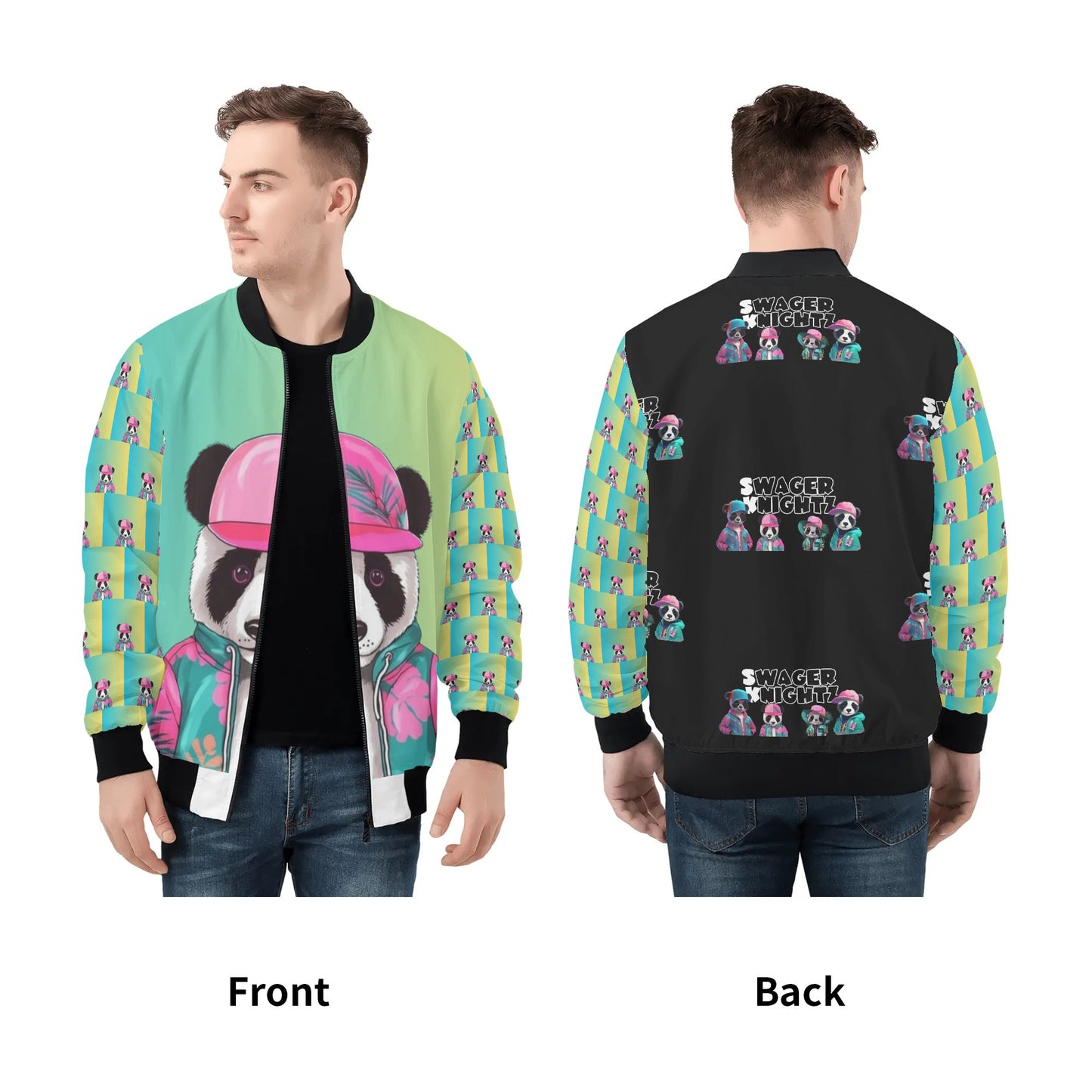 Panda Pauly Mens All Over Print Zip Bomber Jacket