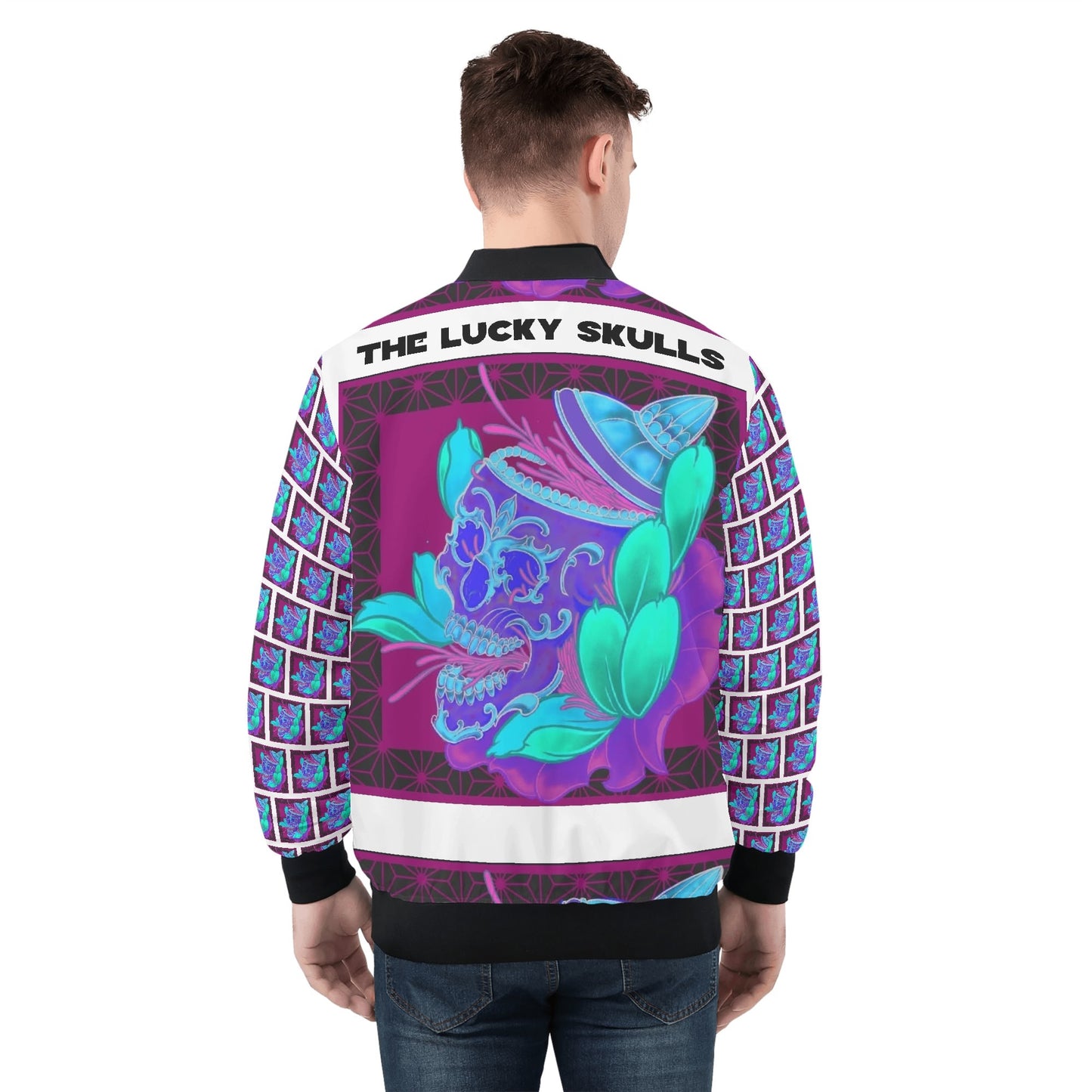 Lucky Skulls Mens All Over Print Zip Bomber Jacket