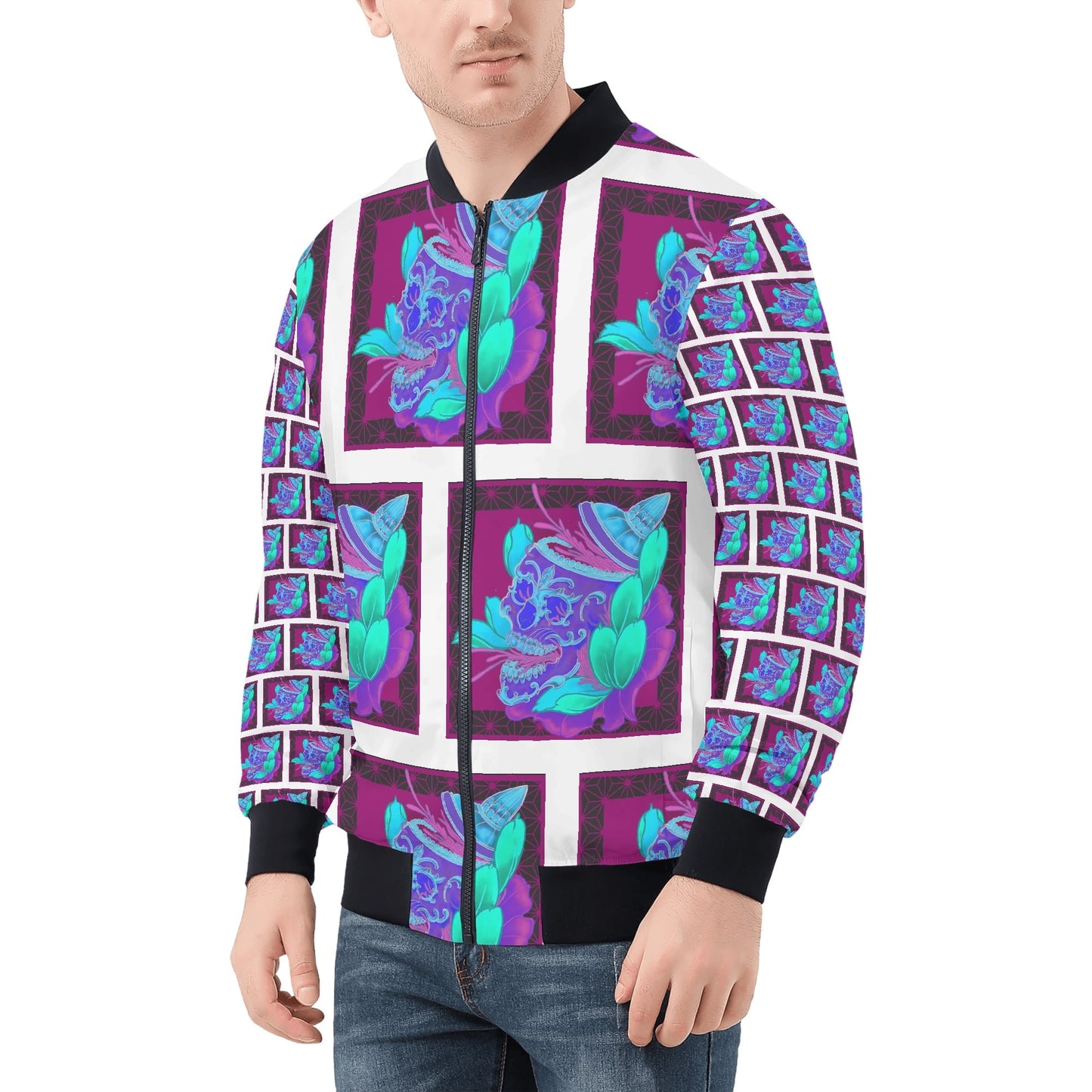 Lucky Skulls Mens All Over Print Zip Bomber Jacket