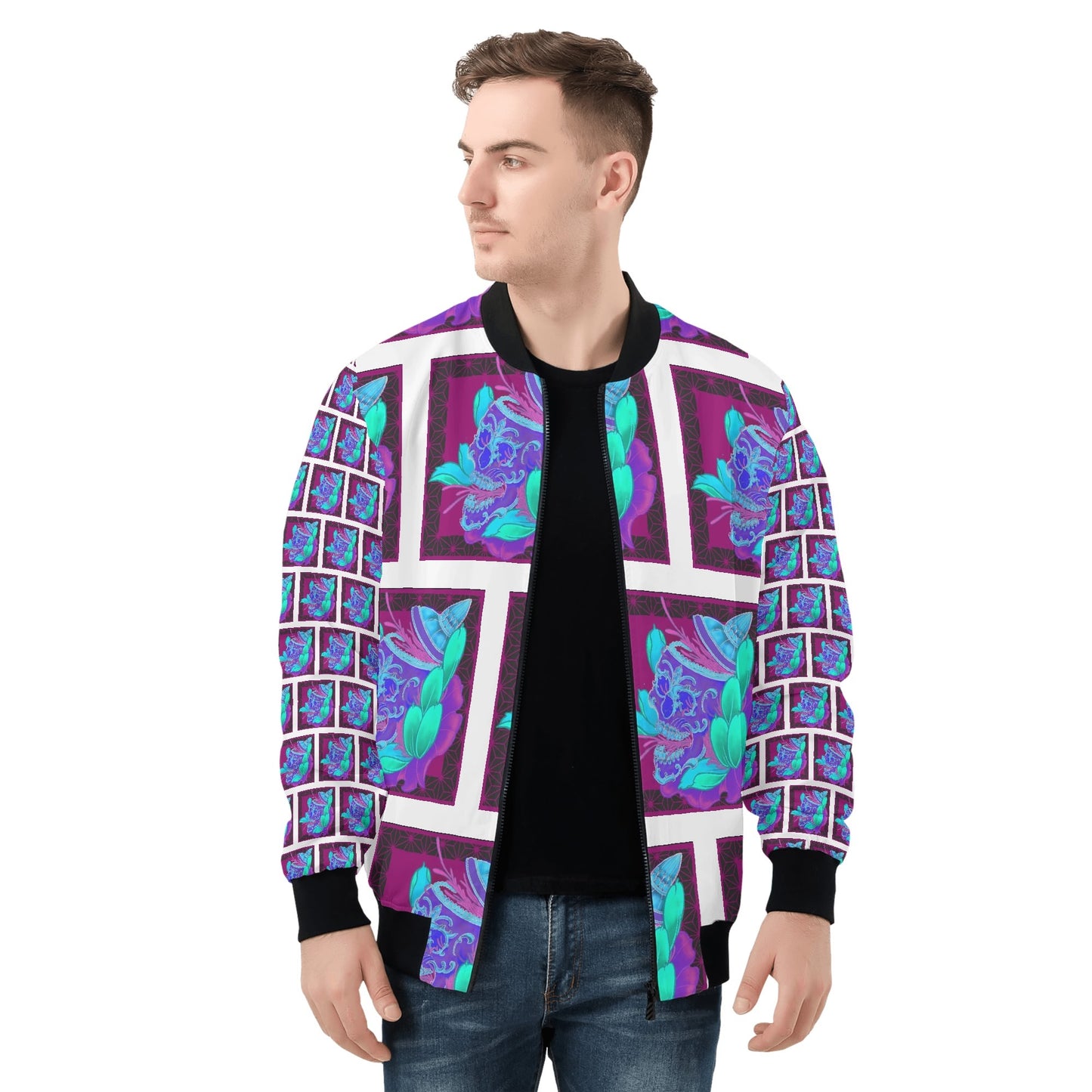 Lucky Skulls Mens All Over Print Zip Bomber Jacket