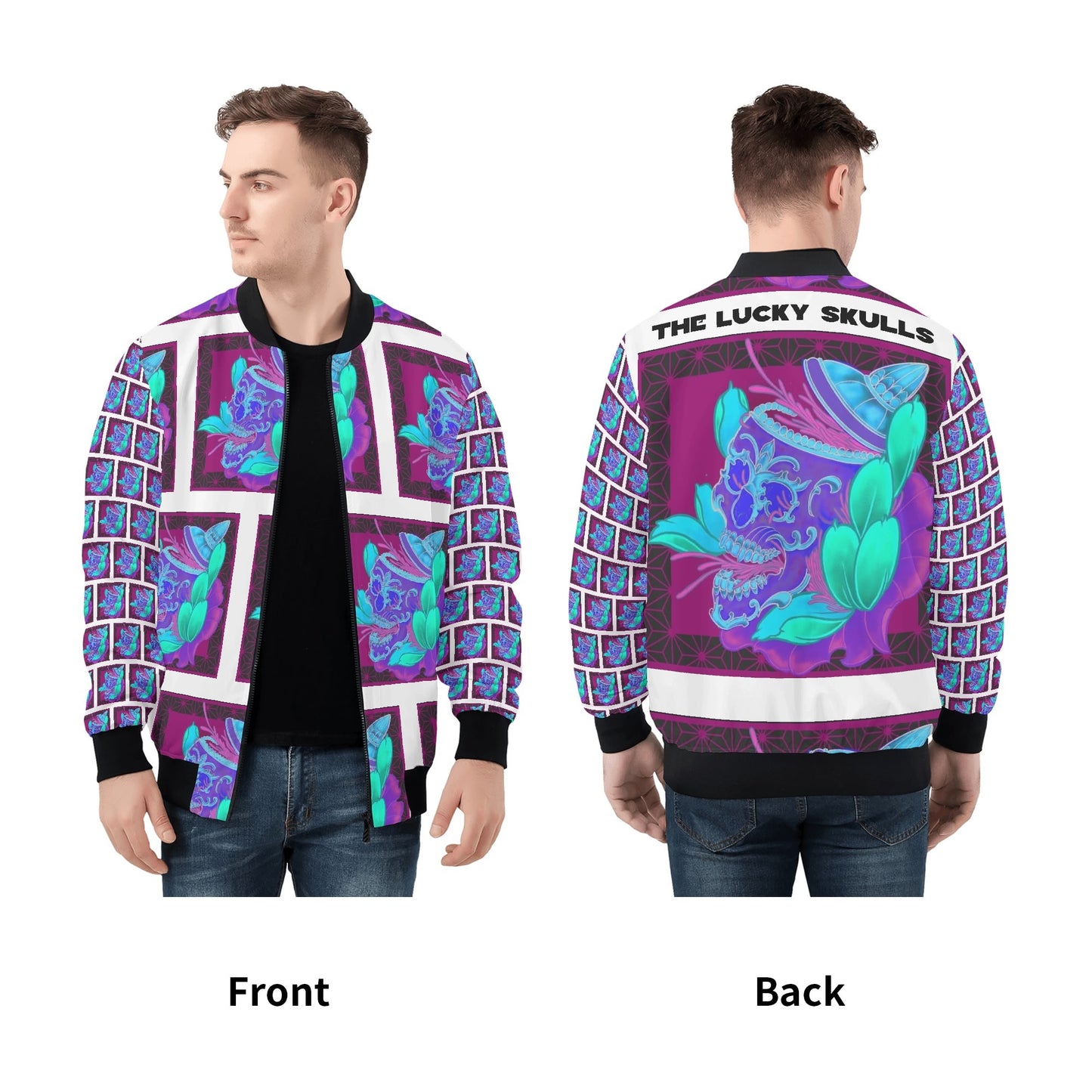 Lucky Skulls Mens All Over Print Zip Bomber Jacket