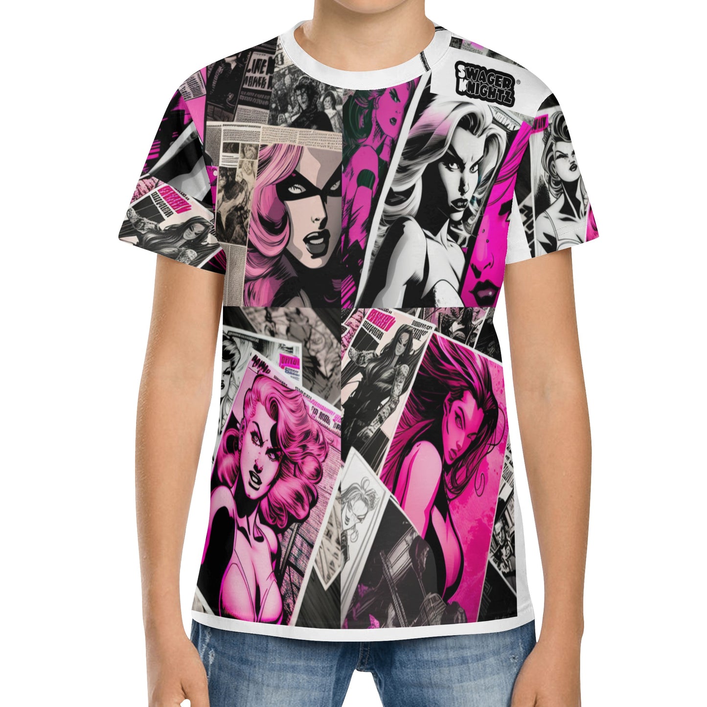 Sk Black & Pink Kids All Over Print Short Sleeve T-Shirt